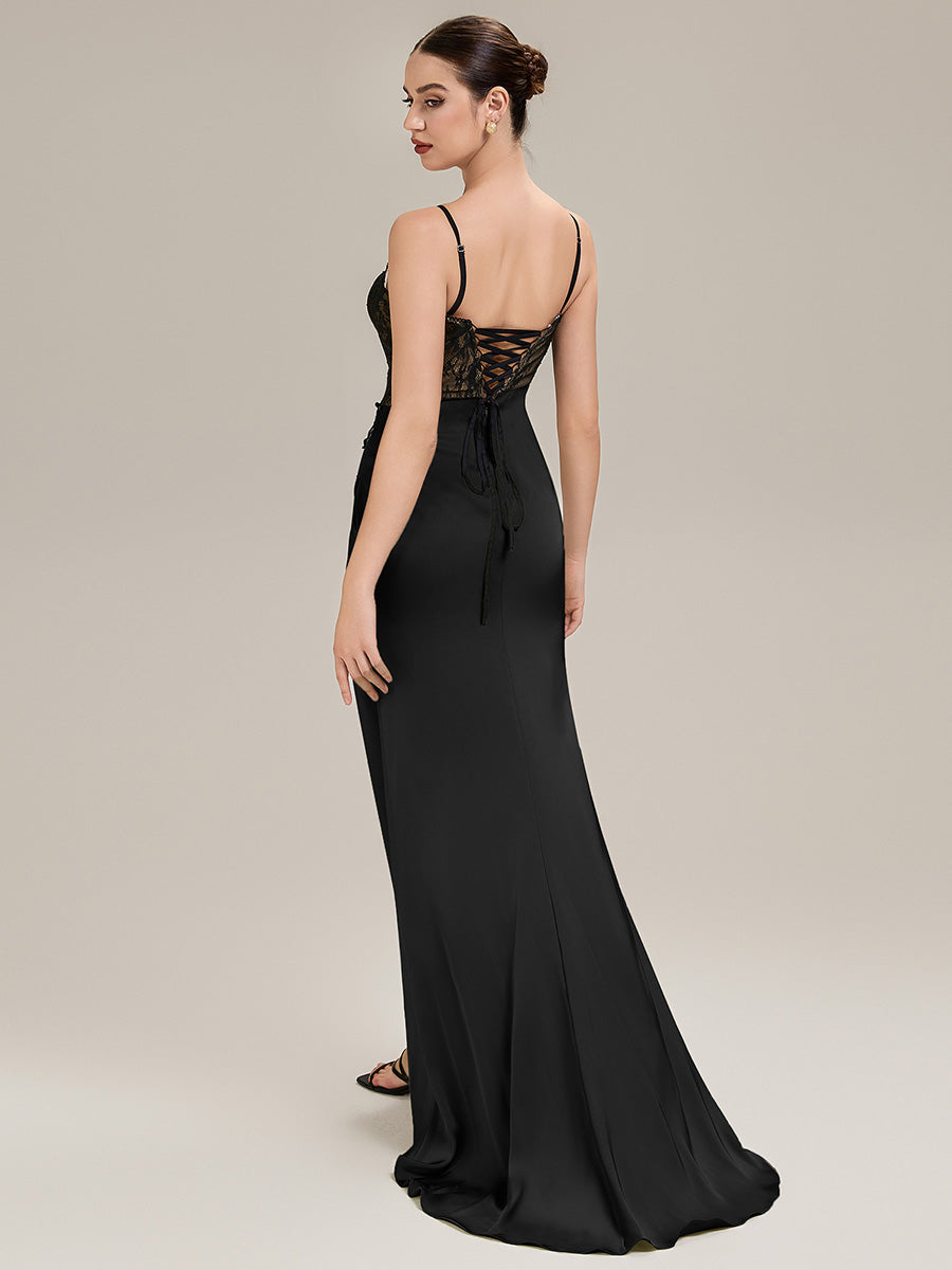 Robe de soirée chic sans bretelles sans manches en forme de sirène longueur sol avec dentelle à frange et détail corset #Couleur_Noir