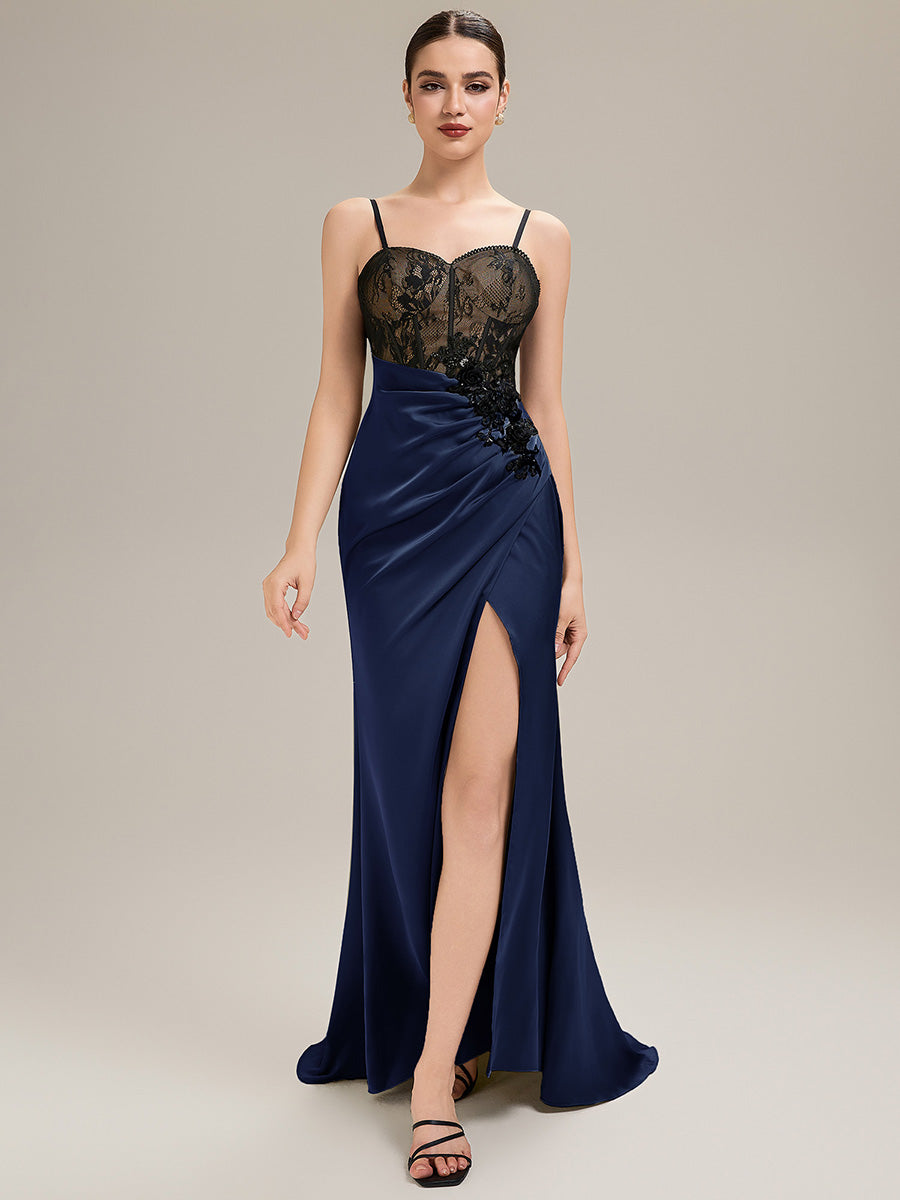 Robe de soirée chic sans bretelles sans manches en forme de sirène longueur sol avec dentelle à frange et détail corset #Couleur_Bleu Marine