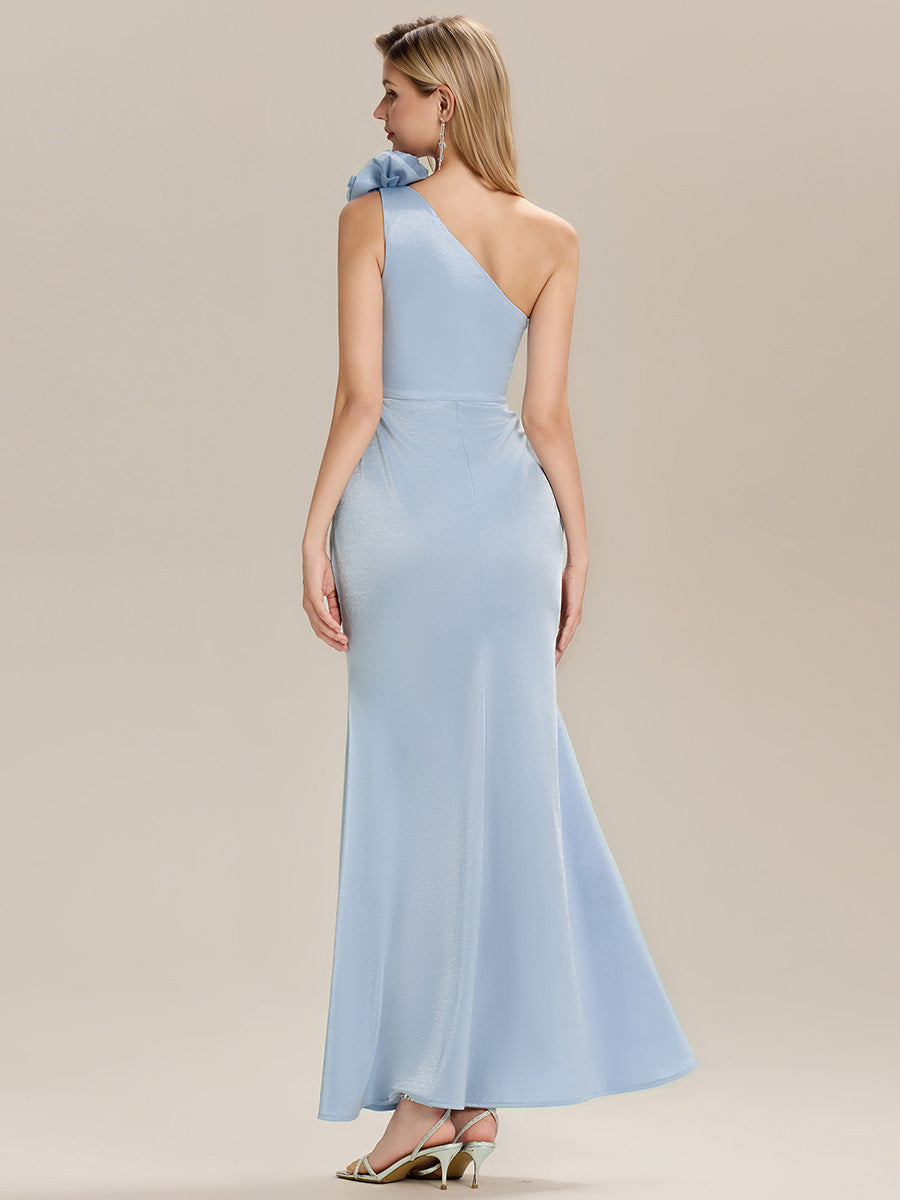 Robe de soirée chic à fleurs une épaule sans manches #Couleur_Bleu Clair