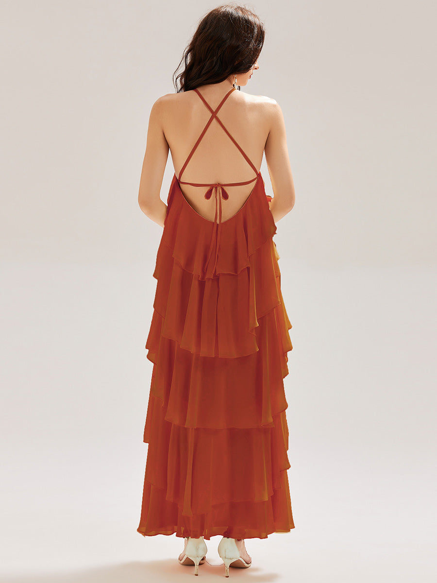 Robe de soirée longue dos nu sans manches à volants #Couleur_Burnt Orange