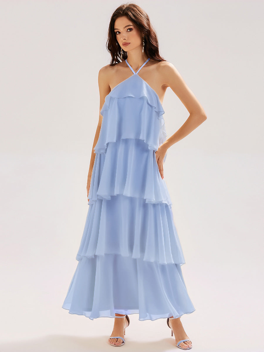 Robe de soirée longue dos nu sans manches à volants #Couleur_Bleu Glace