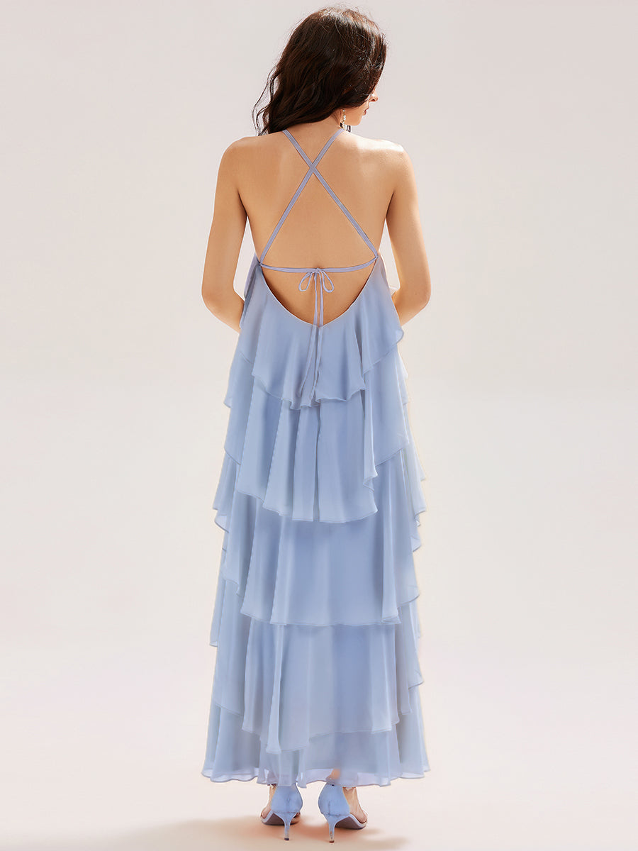 Robe de soirée longue dos nu sans manches à volants #Couleur_Bleu Glace