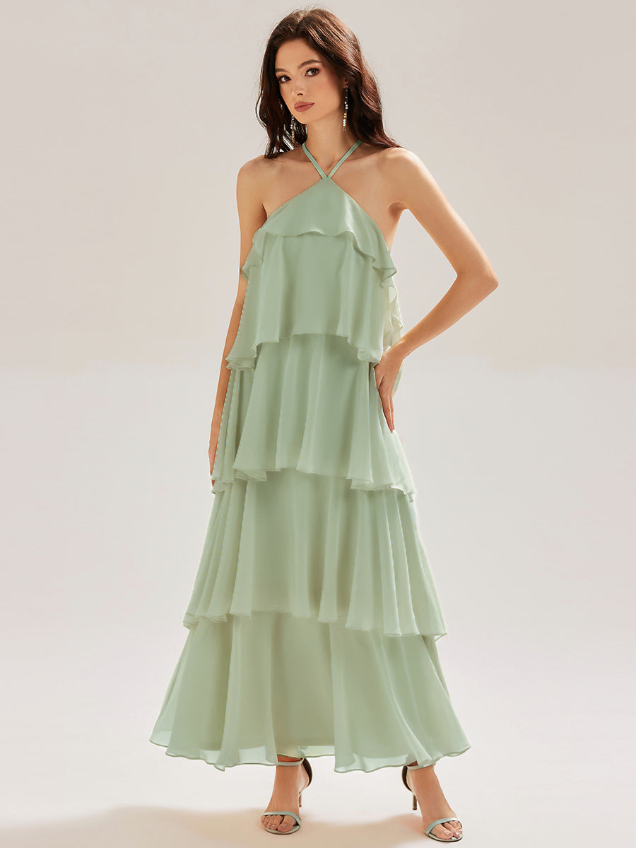 Robe de soirée longue dos nu sans manches à volants #Couleur_Menthe Verte
