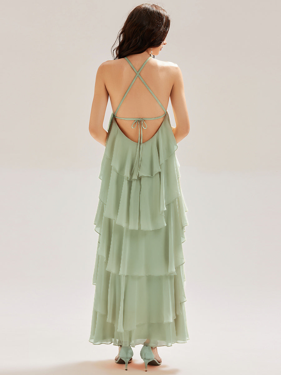 Robe de soirée longue dos nu sans manches à volants #Couleur_Menthe Verte