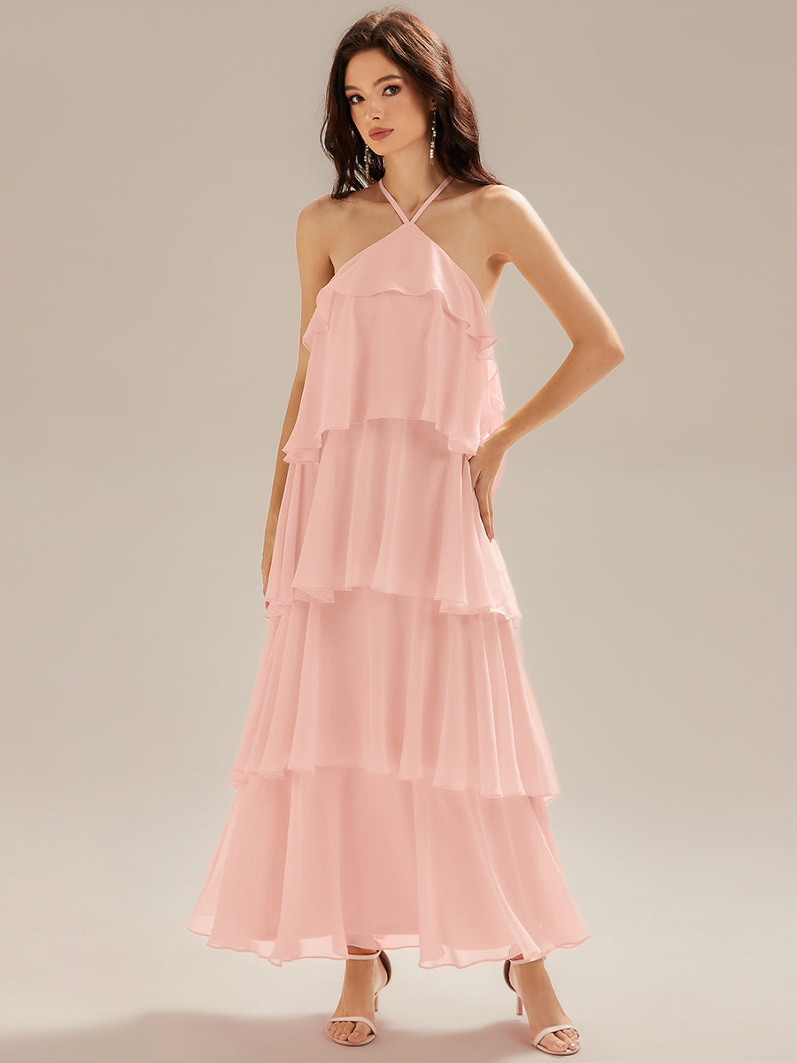 Robe de soirée longue dos nu sans manches à volants #Couleur_Rose
