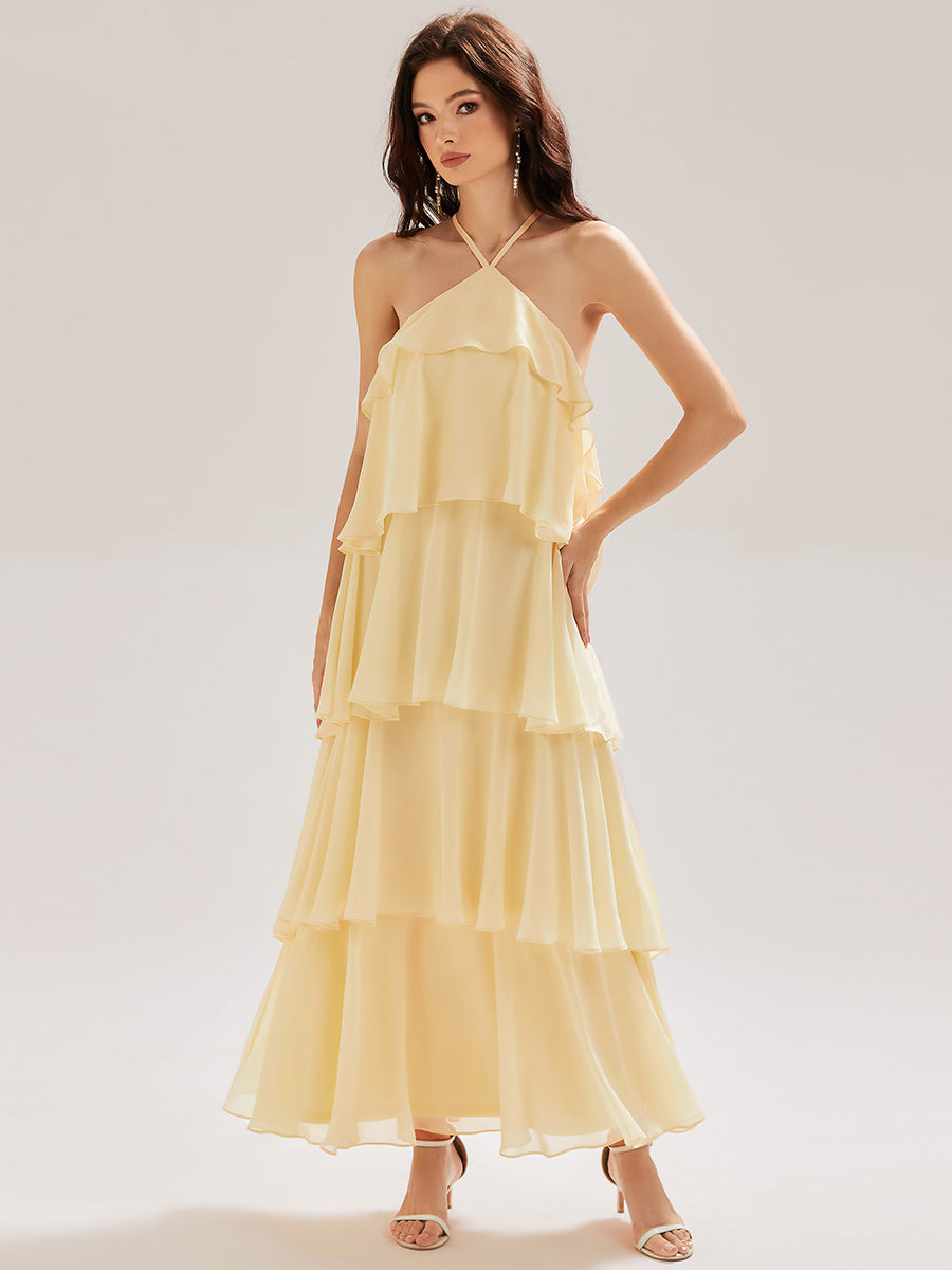 Robe longue sans manches dos nu à volants #Couleur_Jaune