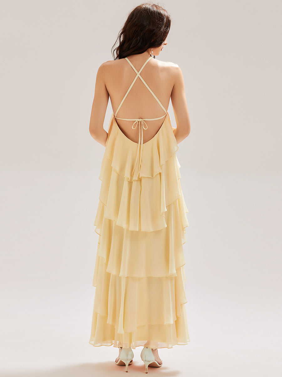 Robe longue sans manches dos nu à volants #Couleur_Jaune