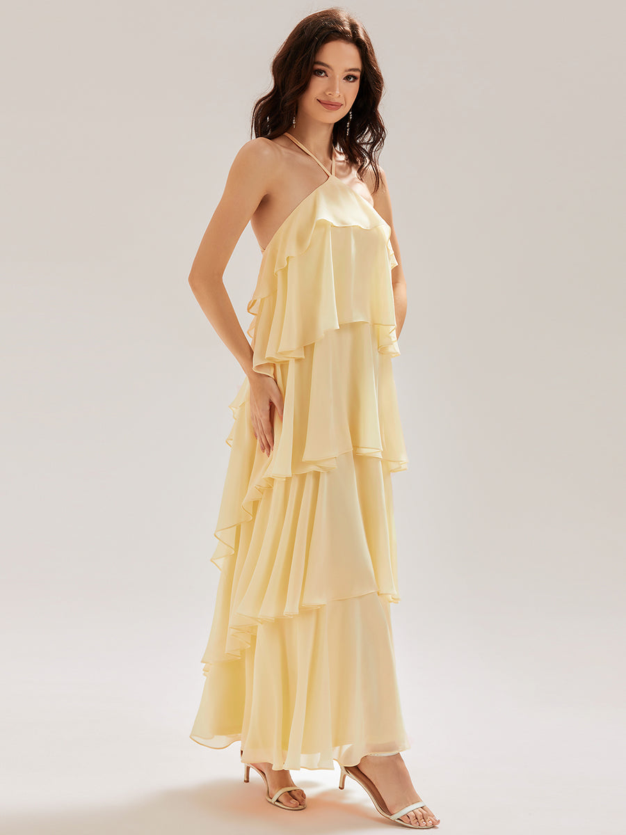 Robe longue sans manches dos nu à volants #Couleur_Jaune