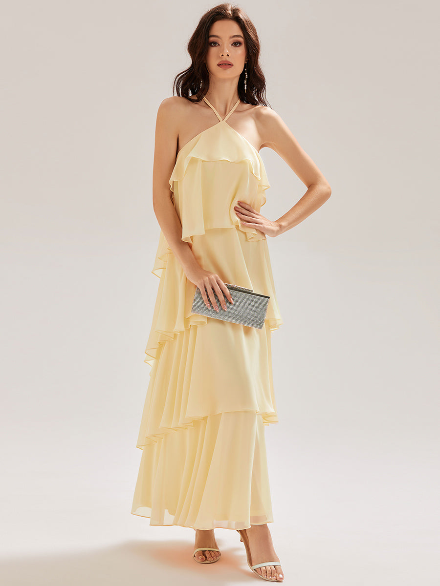 Robe longue sans manches dos nu à volants #Couleur_Jaune
