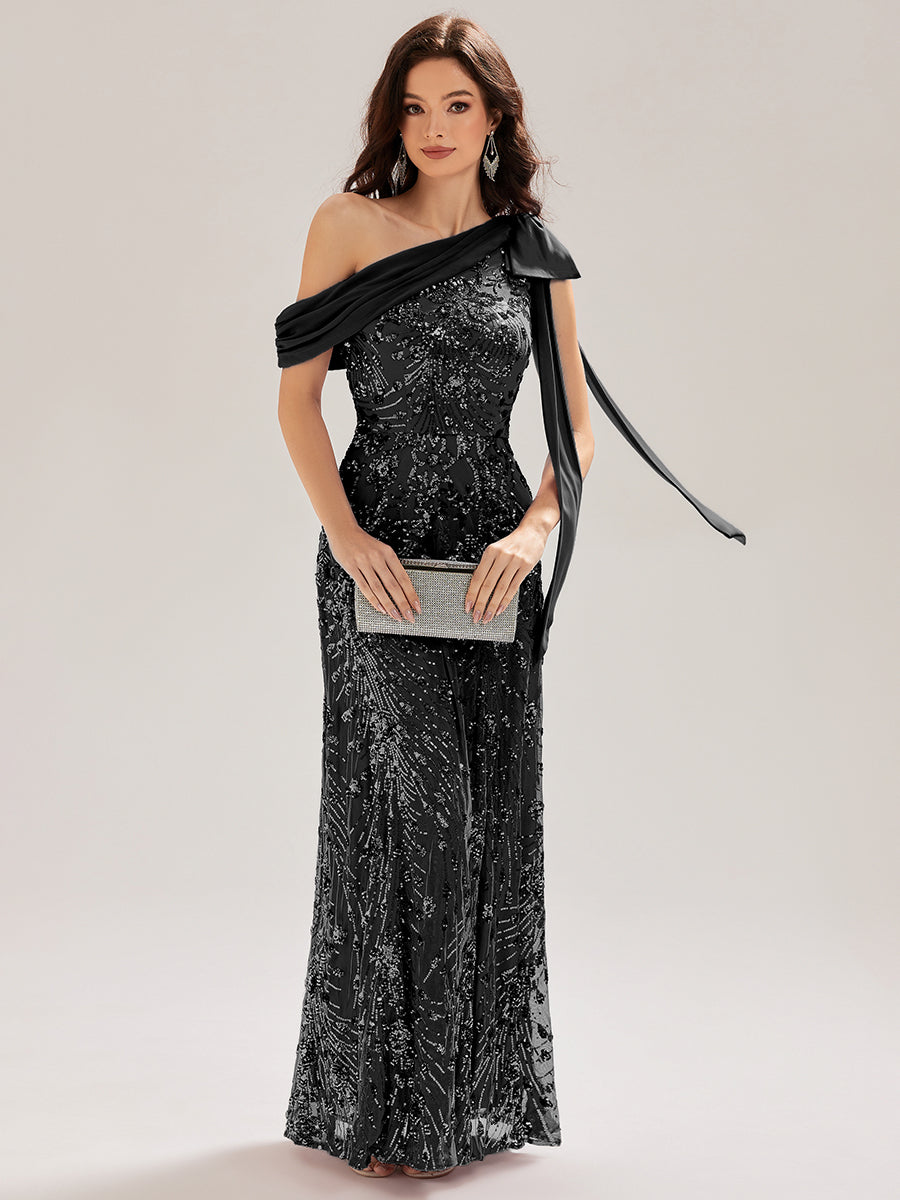 Robe chic sans manches à une épaule avec nœud #Couleur_Noir