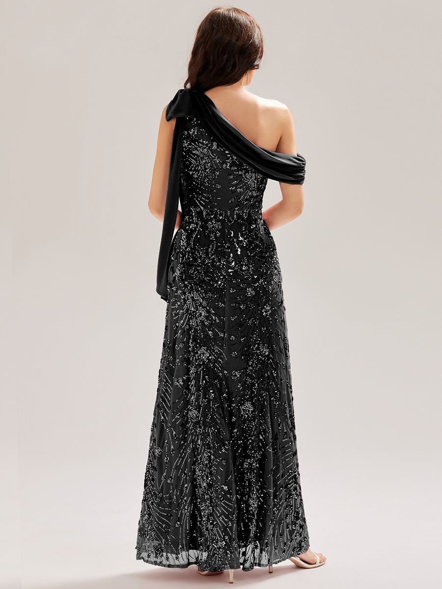 Robe chic sans manches à une épaule avec nœud #Couleur_Noir