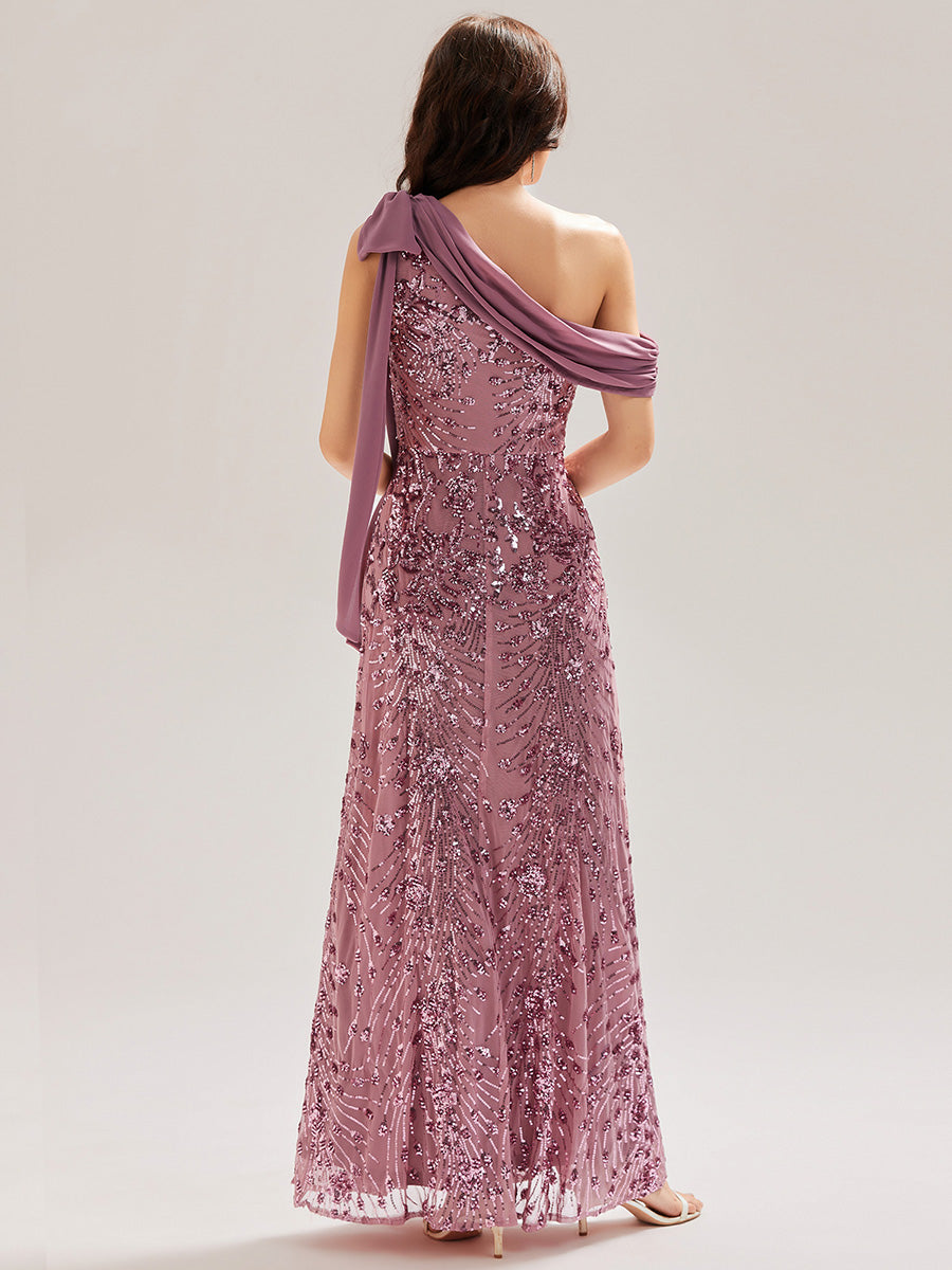 Robe chic sans manches à une épaule avec nœud #Couleur_Orchidee