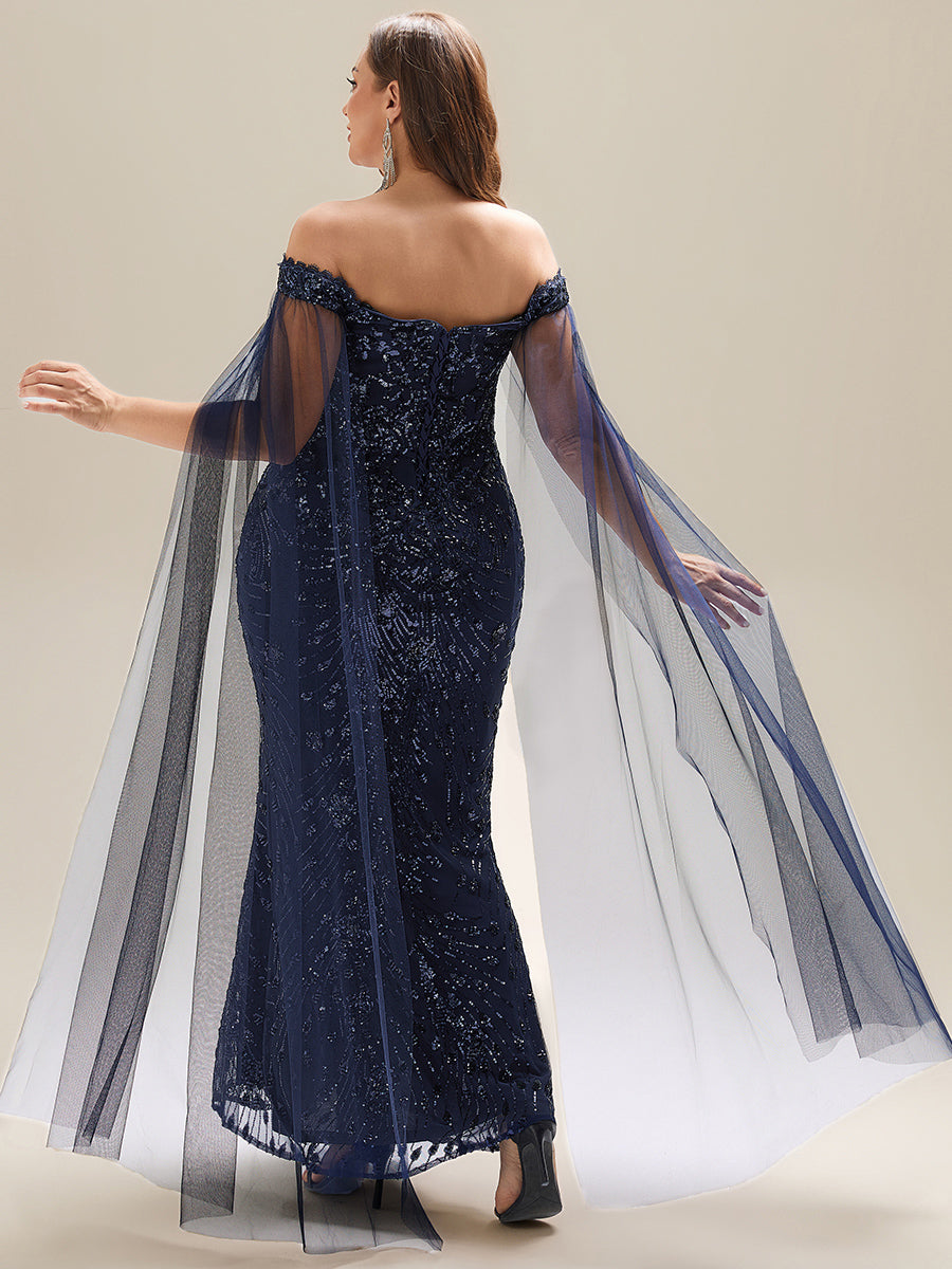 Robe de soirée chic sans bretelles à épaules dénudées en jersey extensible avec encolure asymétrique et détails en sequins #Couleur_Bleu Marine