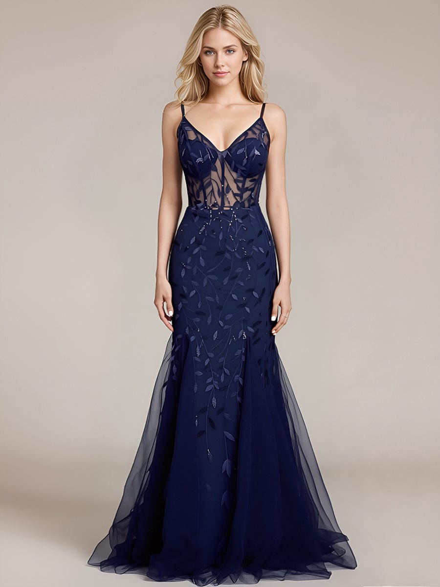 Robe d'invité de mariage trapèze en mousseline fluide à encolure ronde et longueur au genou #Couleur_Bleu Marine