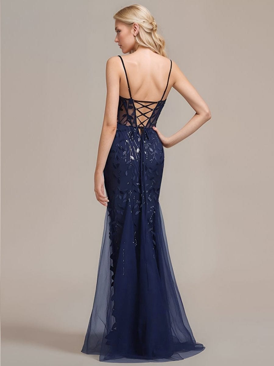 Robe d'invité de mariage trapèze en mousseline fluide à encolure ronde et longueur au genou #Couleur_Bleu Marine