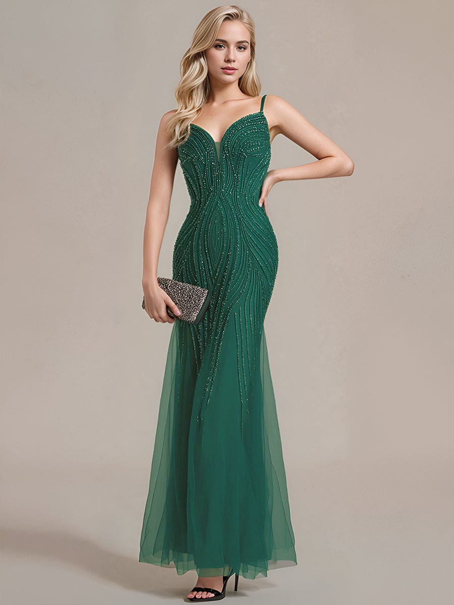 Robe d'invité de mariage trapèze en mousseline fluide à encolure ronde et longueur au genou #Couleur_Vert Fonce
