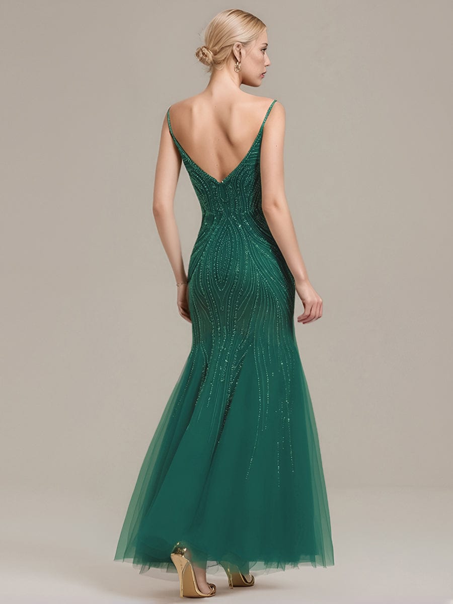 Robe d'invité de mariage trapèze en mousseline fluide à encolure ronde et longueur au genou #Couleur_Vert Fonce