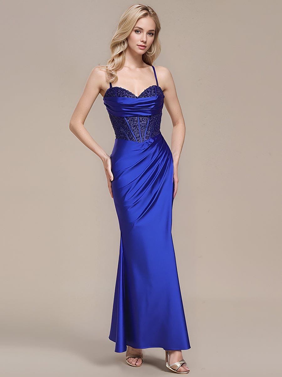 Robe d'invité de mariage trapèze en mousseline fluide à encolure ronde et longueur au genou #Couleur_Bleu Saphir