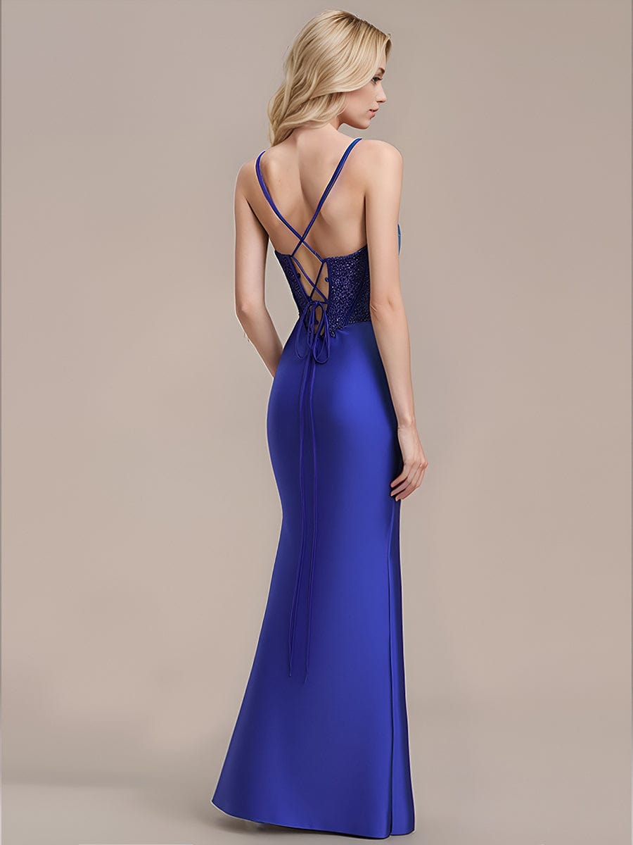 Robe d'invité de mariage trapèze en mousseline fluide à encolure ronde et longueur au genou #Couleur_Bleu Saphir