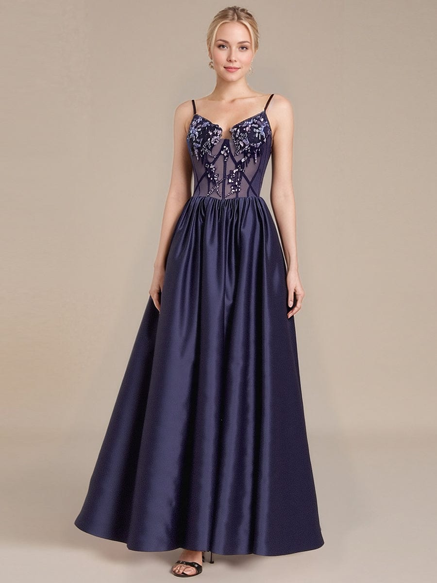 Robe d'invité de mariage trapèze en mousseline fluide à encolure ronde et longueur au genou #Couleur_Bleu Marine