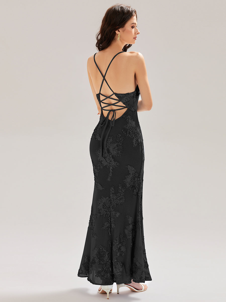 Robe maxi sirène sans manches à bretelles élastiques avec nœud à l'avant et rubans fluides #Couleur_Noir