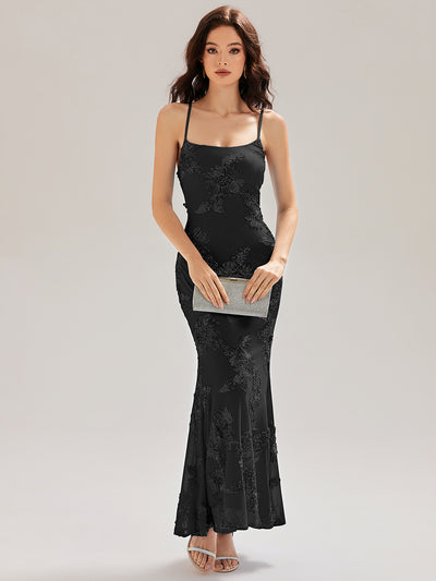 Robe maxi sirène sans manches à bretelles élastiques avec nœud à l'avant et rubans fluides