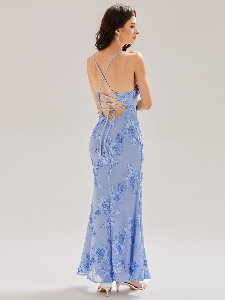 Robe maxi sirène sans manches à bretelles élastiques avec nœud à l'avant et rubans fluides #Couleur_Bleu Glace