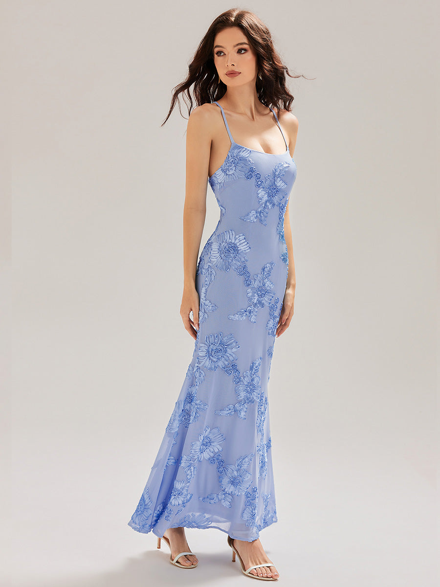 Robe maxi sirène sans manches à bretelles élastiques avec nœud à l'avant et rubans fluides #Couleur_Bleu Glace