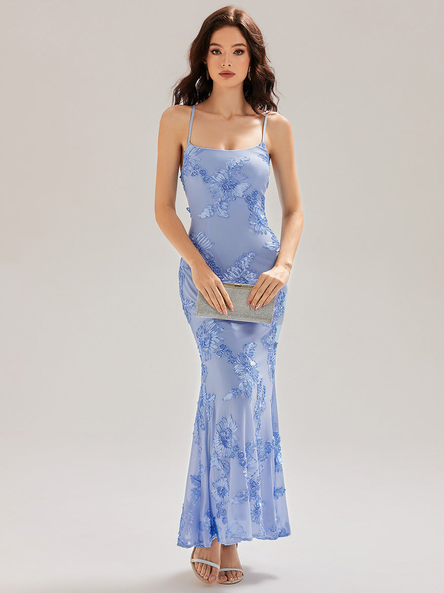 Robe maxi sirène sans manches à bretelles élastiques avec nœud à l'avant et rubans fluides #Couleur_Bleu Glace