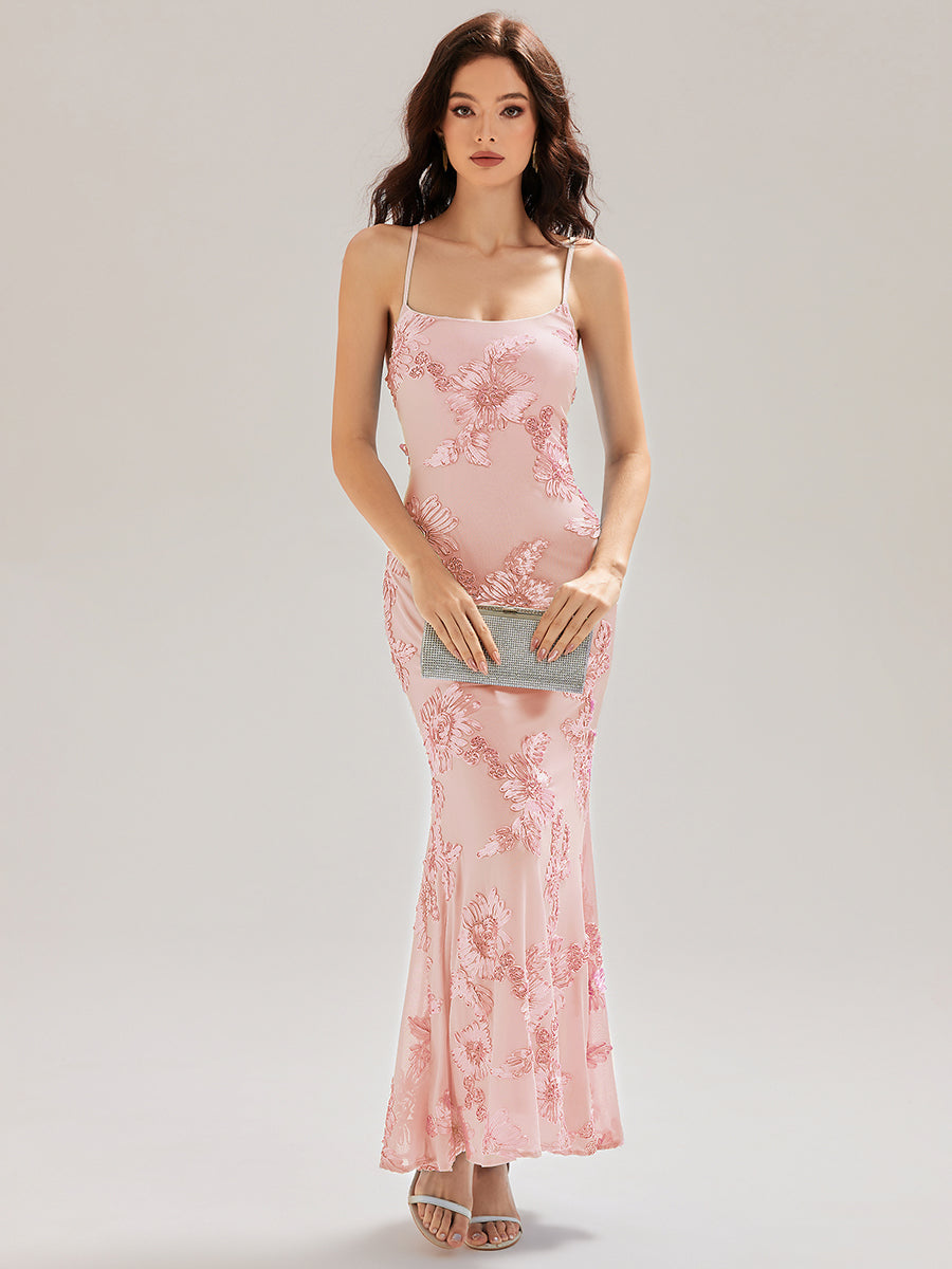 Robe maxi sirène sans manches à bretelles élastiques avec nœud à l'avant et rubans fluides #Couleur_Rose