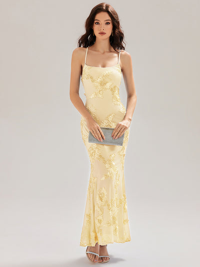 Robe maxi sirène sans manches à bretelles élastiques avec nœud à l'avant et rubans fluides