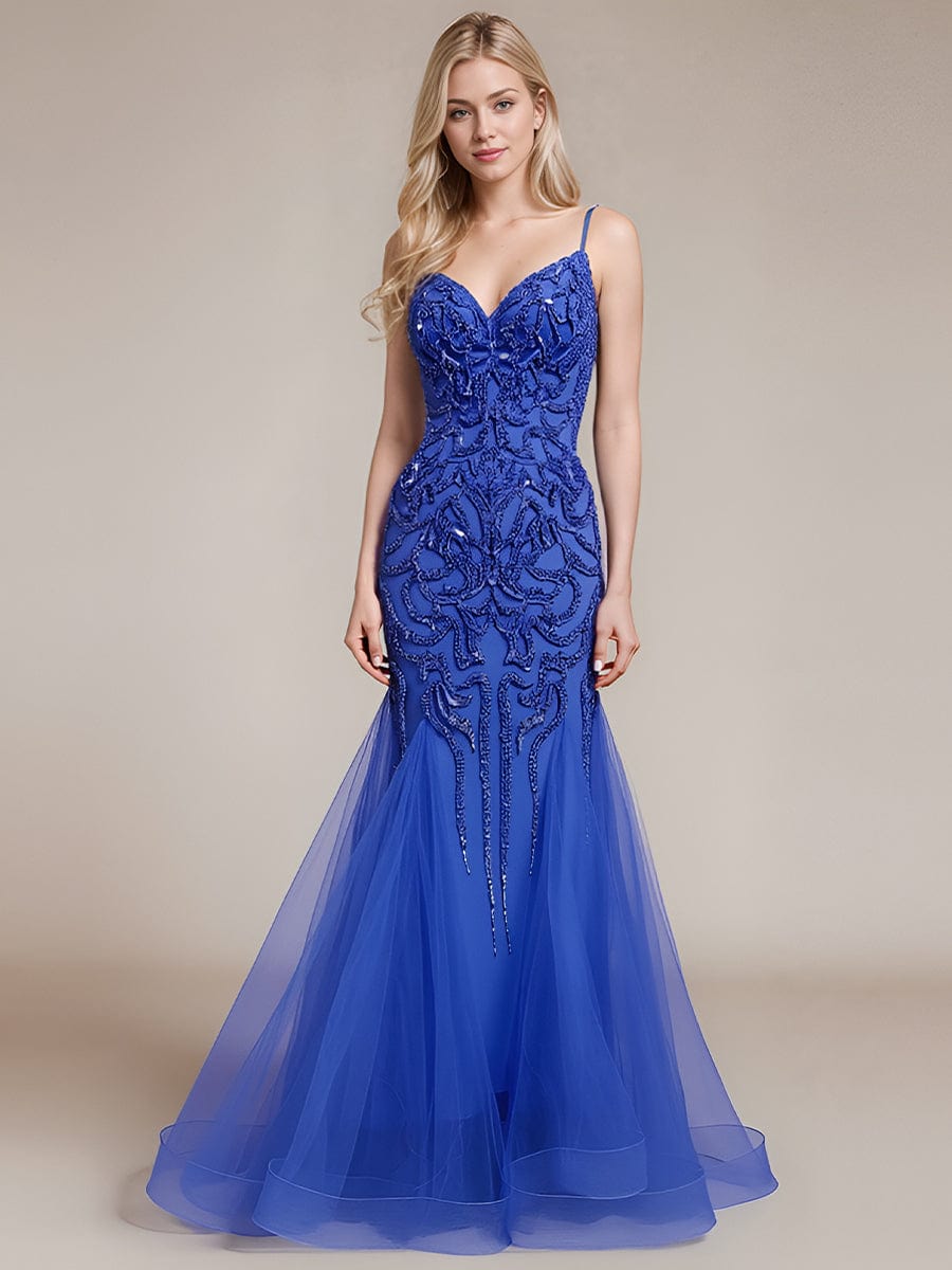 Robe d'invité de mariage trapèze en mousseline fluide à encolure ronde et longueur au genou #Couleur_Bleu Saphir