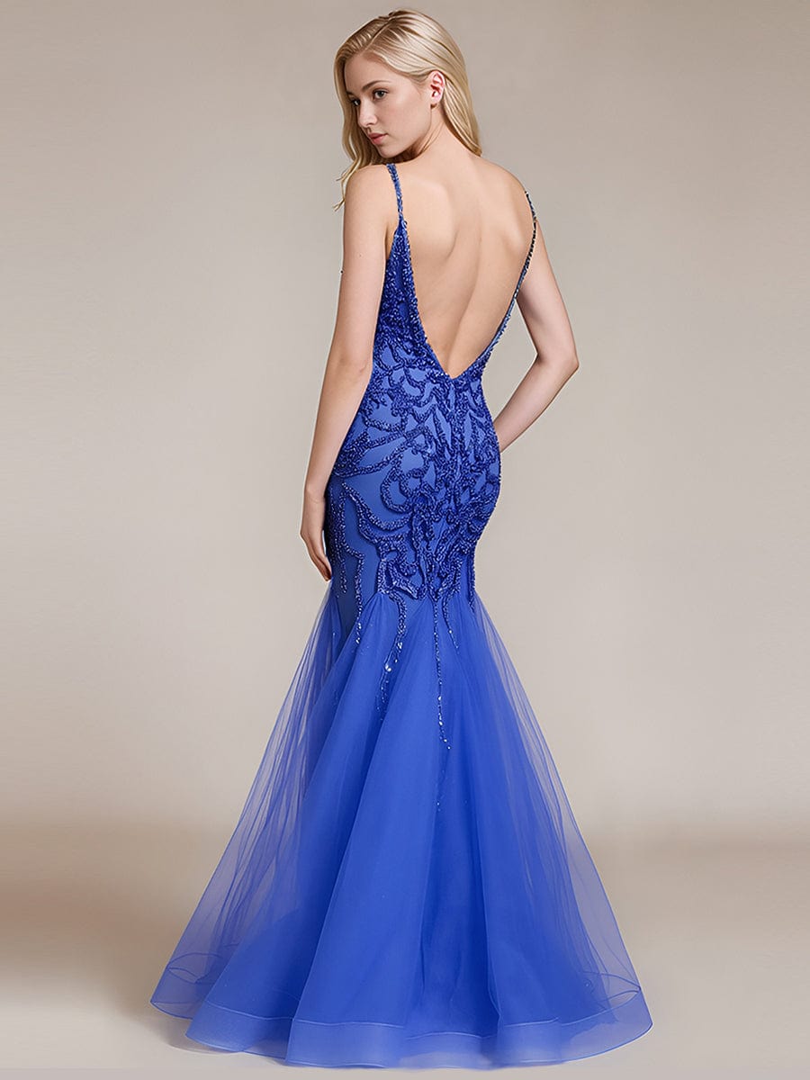 Robe d'invité de mariage trapèze en mousseline fluide à encolure ronde et longueur au genou #Couleur_Bleu Saphir
