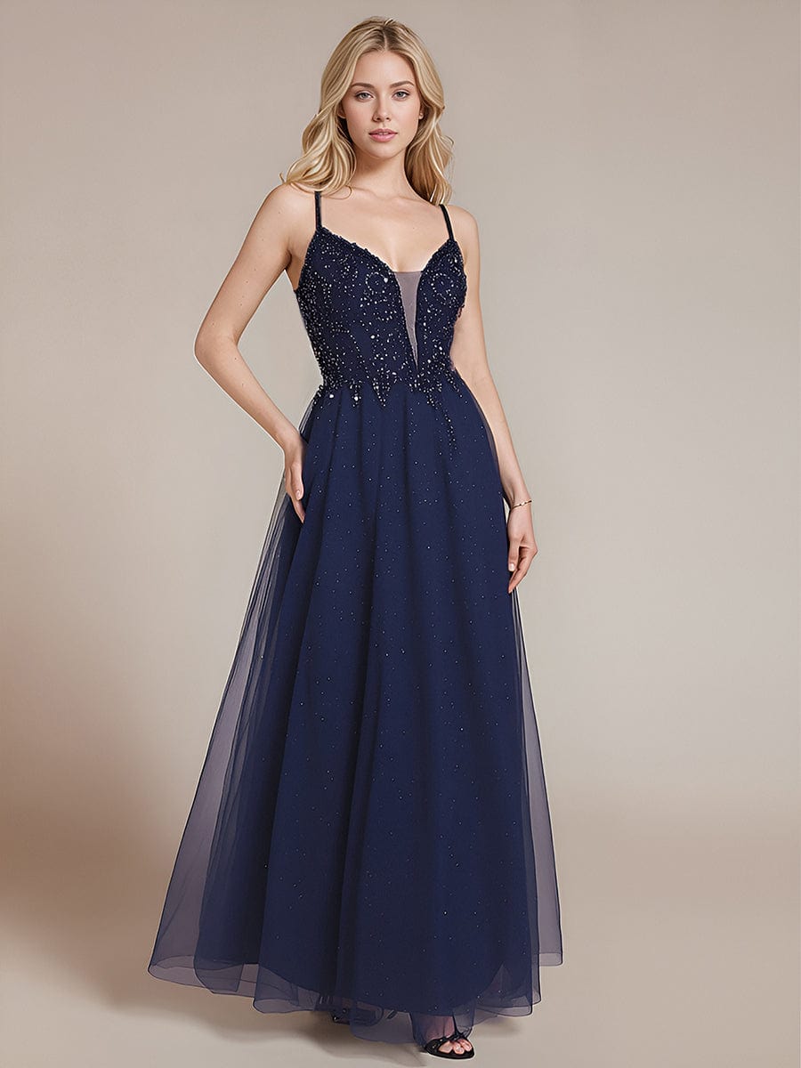 Robe d'invité de mariage trapèze en mousseline fluide à encolure ronde et longueur au genou #Couleur_Bleu Marine