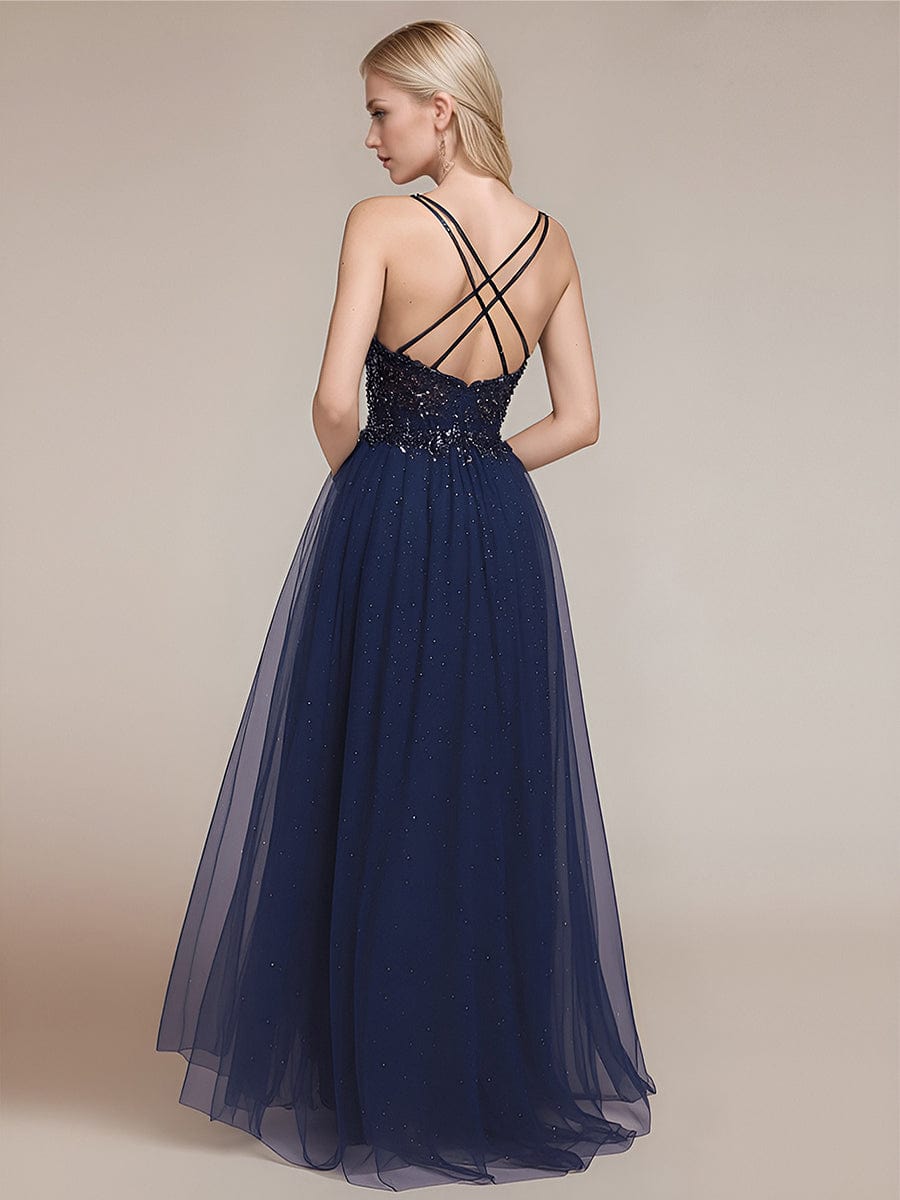 Robe d'invité de mariage trapèze en mousseline fluide à encolure ronde et longueur au genou #Couleur_Bleu Marine
