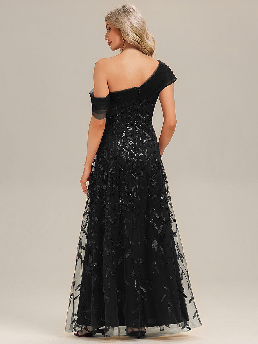 Robe longue asymétrique à manches courtes en patchwork avec fermeture éclair au dos Robe de soirée chic #Couleur_Noir
