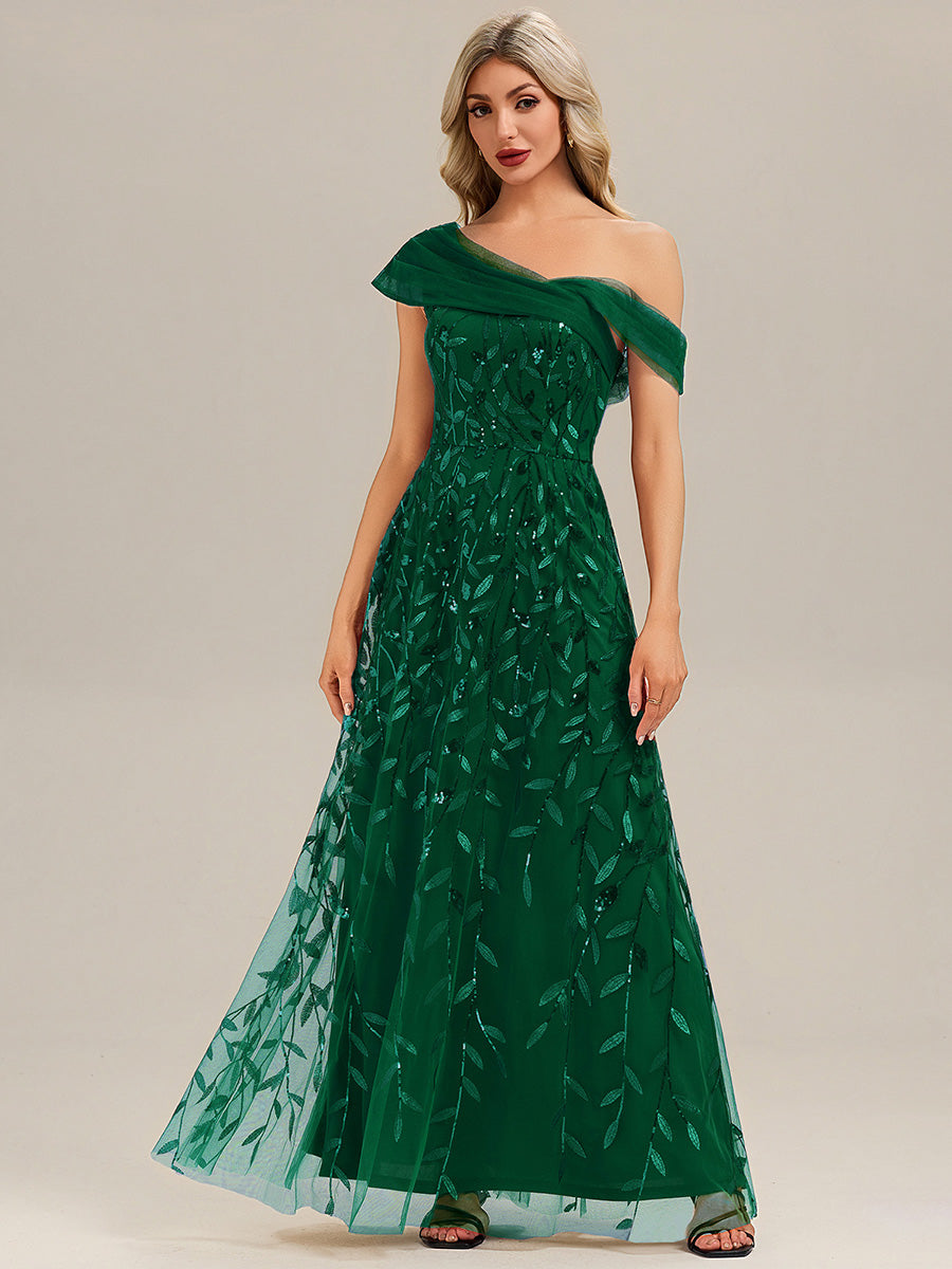 Robe longue asymétrique à manches courtes en patchwork avec fermeture éclair au dos Robe de soirée chic #Couleur_Vert Fonce