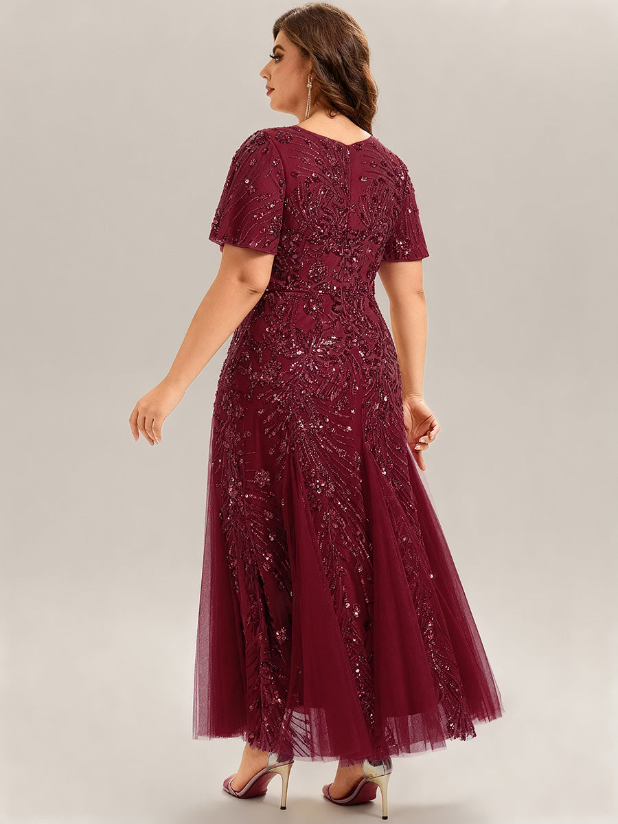 Robe de soirée brodée à paillettes et manches à volants #Couleur_Bordeaux