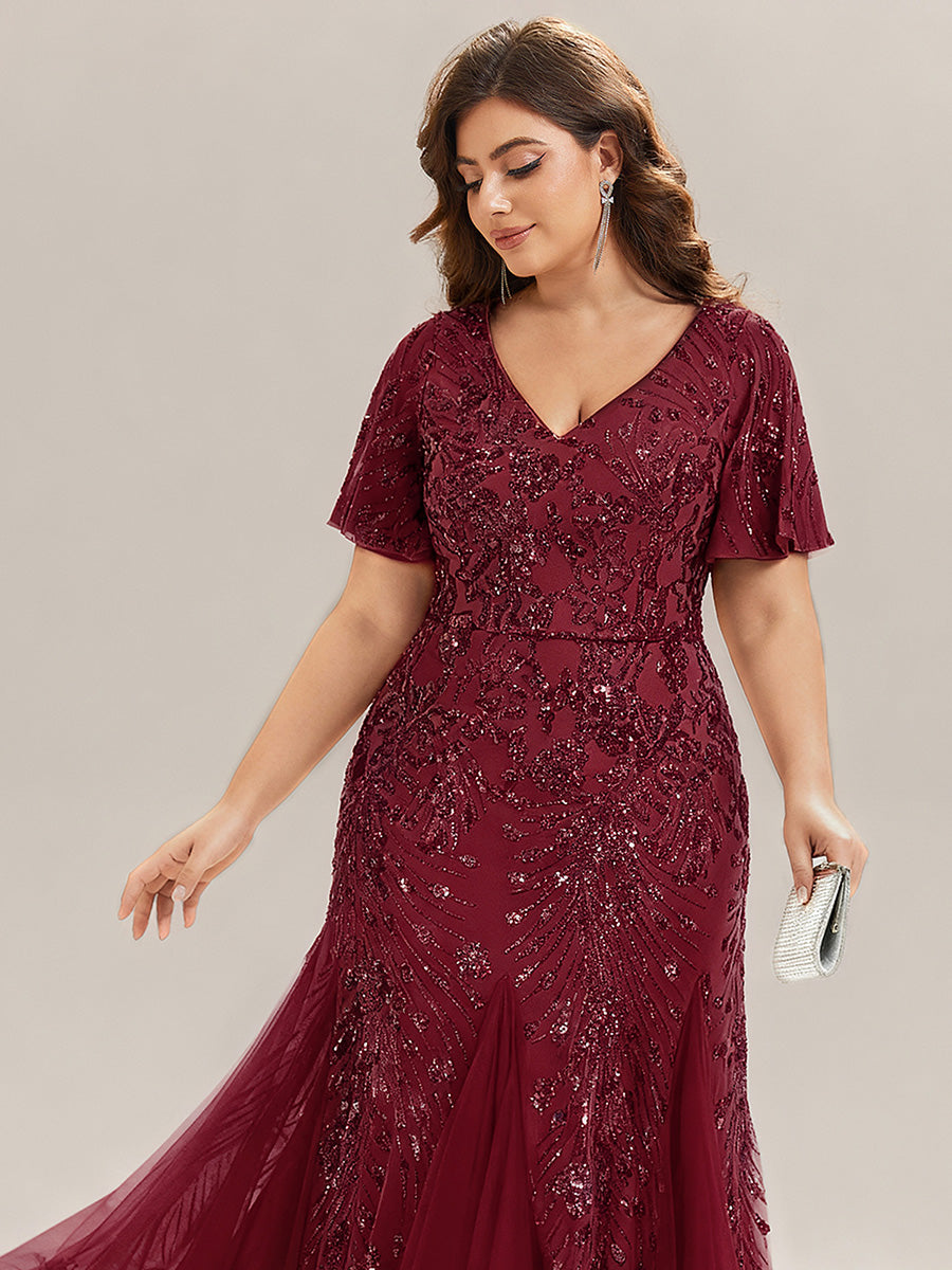Robe de soirée brodée à paillettes et manches à volants #Couleur_Bordeaux