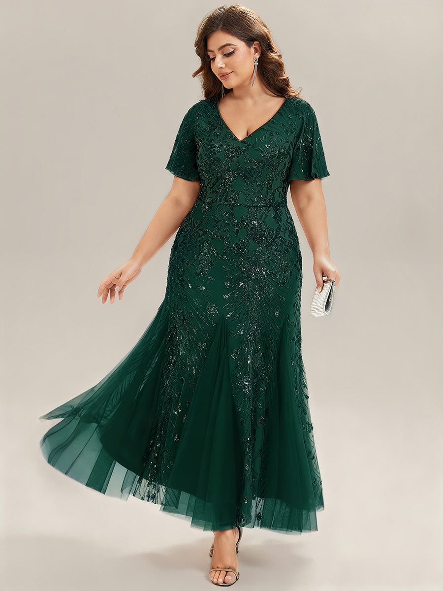 Robe de soirée brodée à paillettes et manches à volants #Couleur_Vert Fonce
