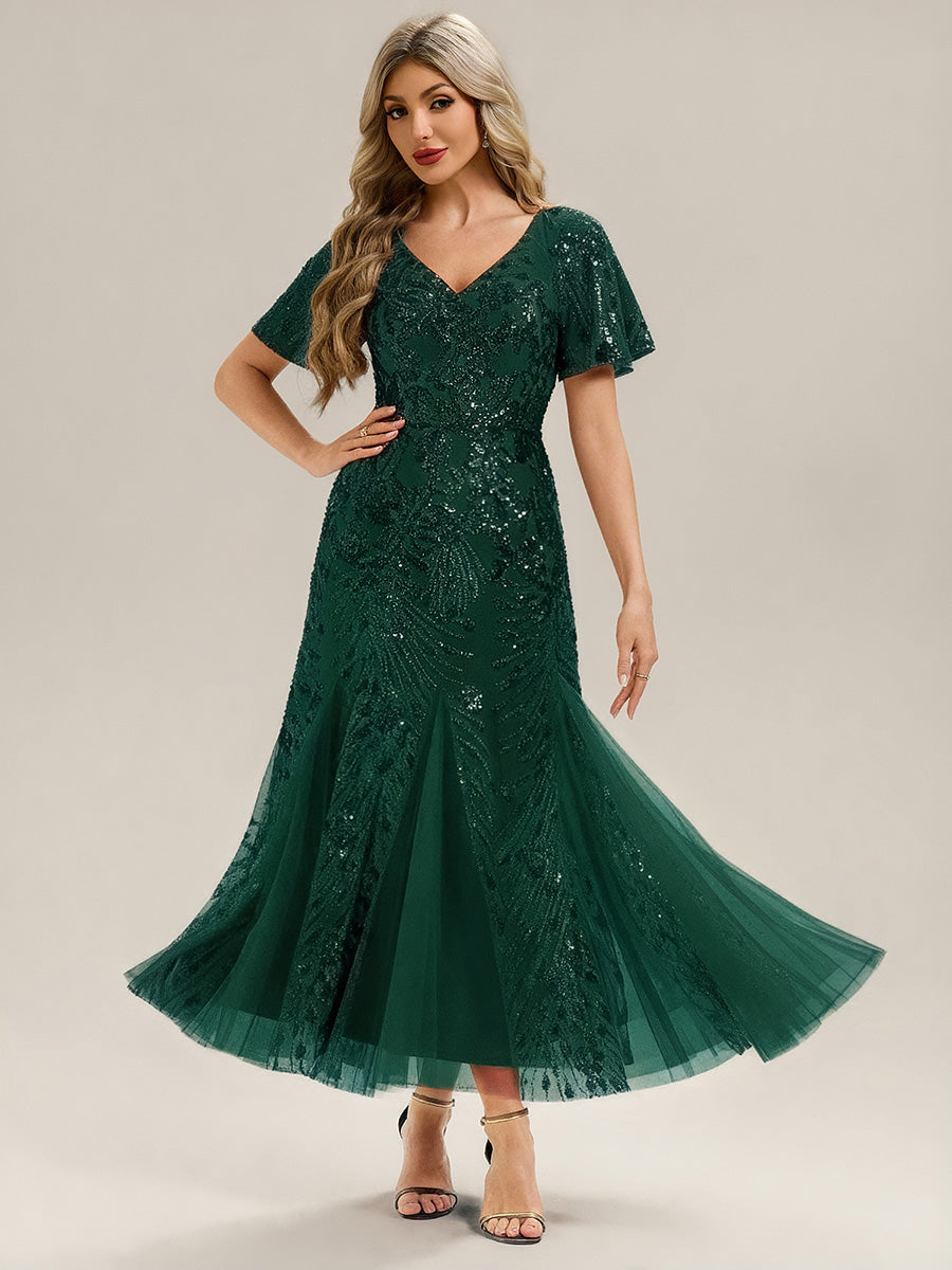 Robe de soirée brodée à paillettes et manches à volants #Couleur_Vert Fonce