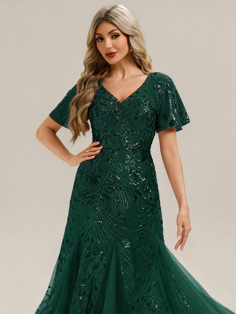 Robe de soirée brodée à paillettes et manches à volants #Couleur_Vert Fonce