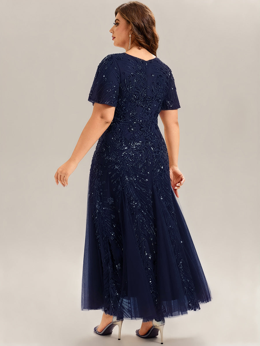 Robe de soirée brodée à paillettes et manches à volants #Couleur_Bleu Marine