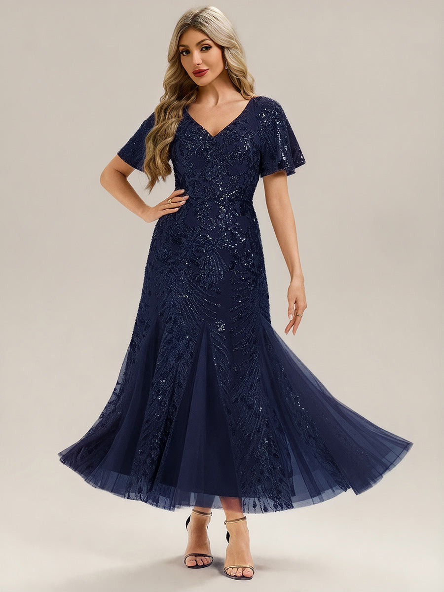 Robe de soirée brodée à paillettes et manches à volants #Couleur_Bleu Marine