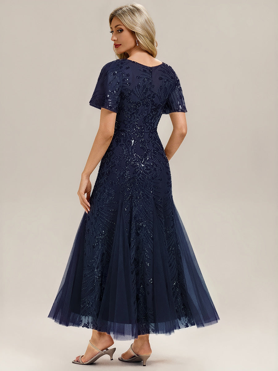 Robe de soirée brodée à paillettes et manches à volants #Couleur_Bleu Marine