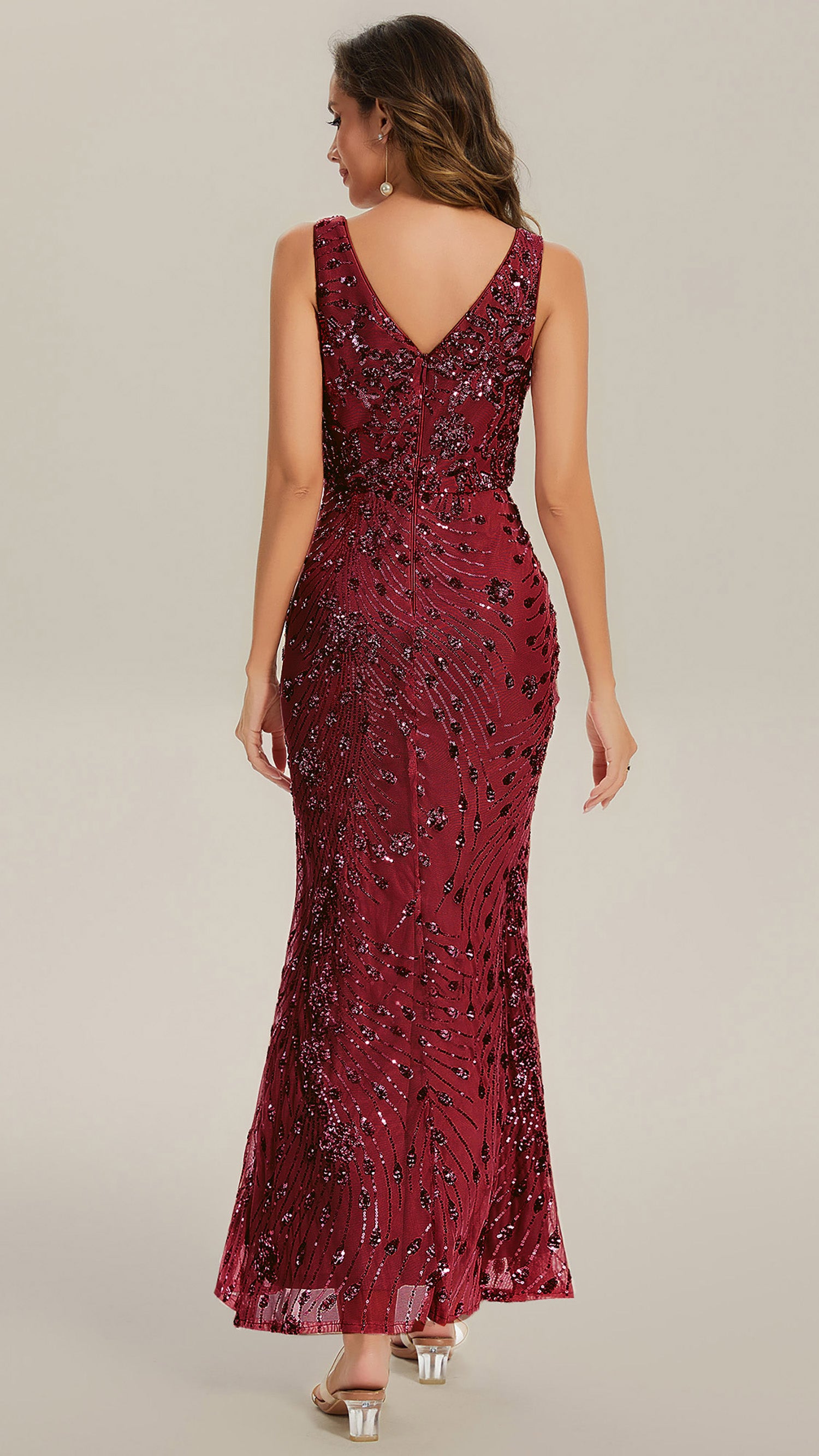 Robe maxi sirène sans bretelles en stretch haut avec décolleté en V noué #Couleur_Bordeaux