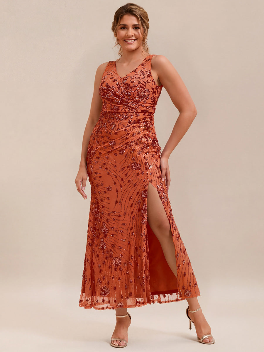 Robe maxi sirène sans bretelles en stretch haut avec décolleté en V noué #Couleur_Burnt Orange