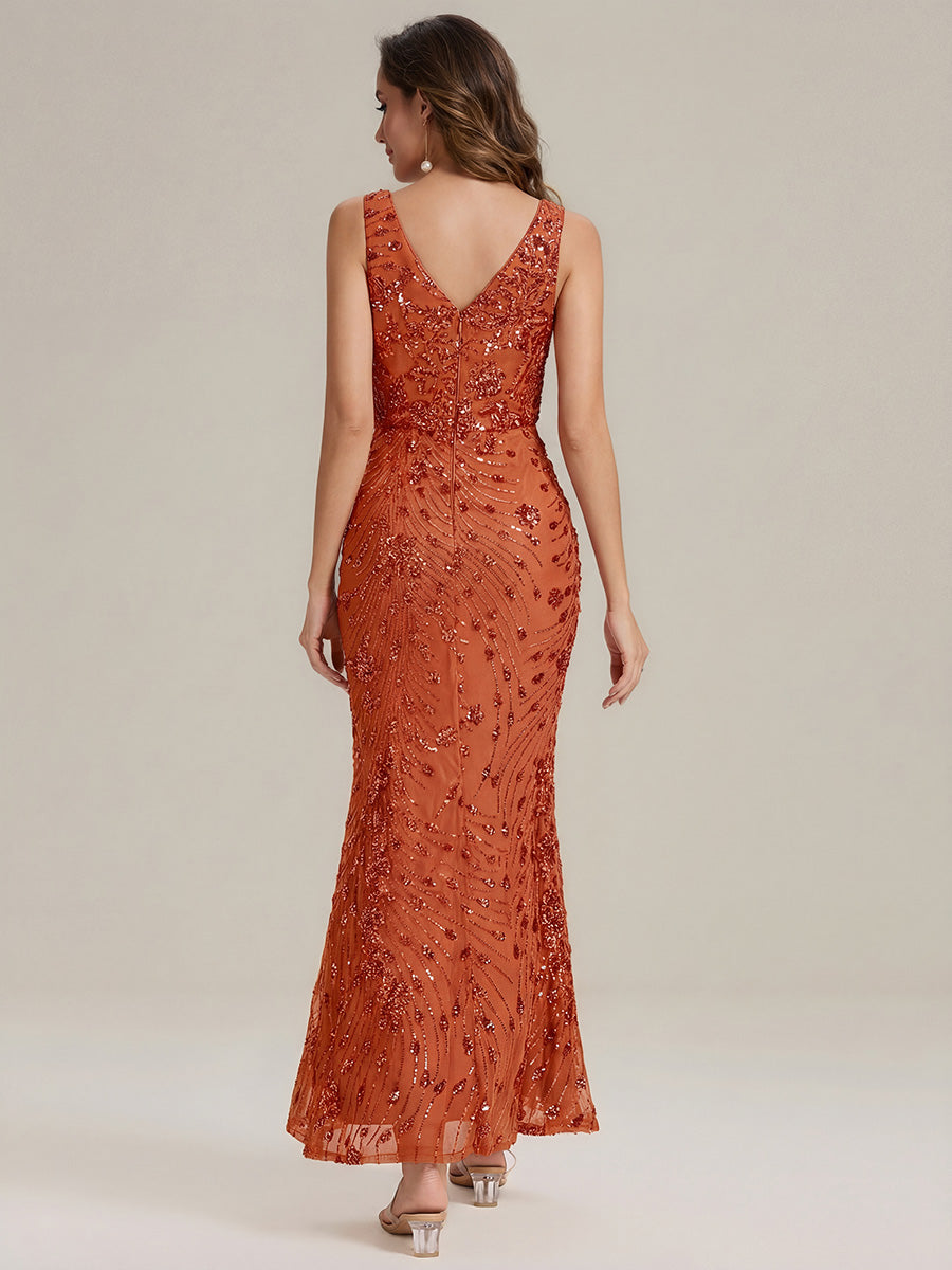 Robe maxi sirène sans bretelles en stretch haut avec décolleté en V noué #Couleur_Burnt Orange