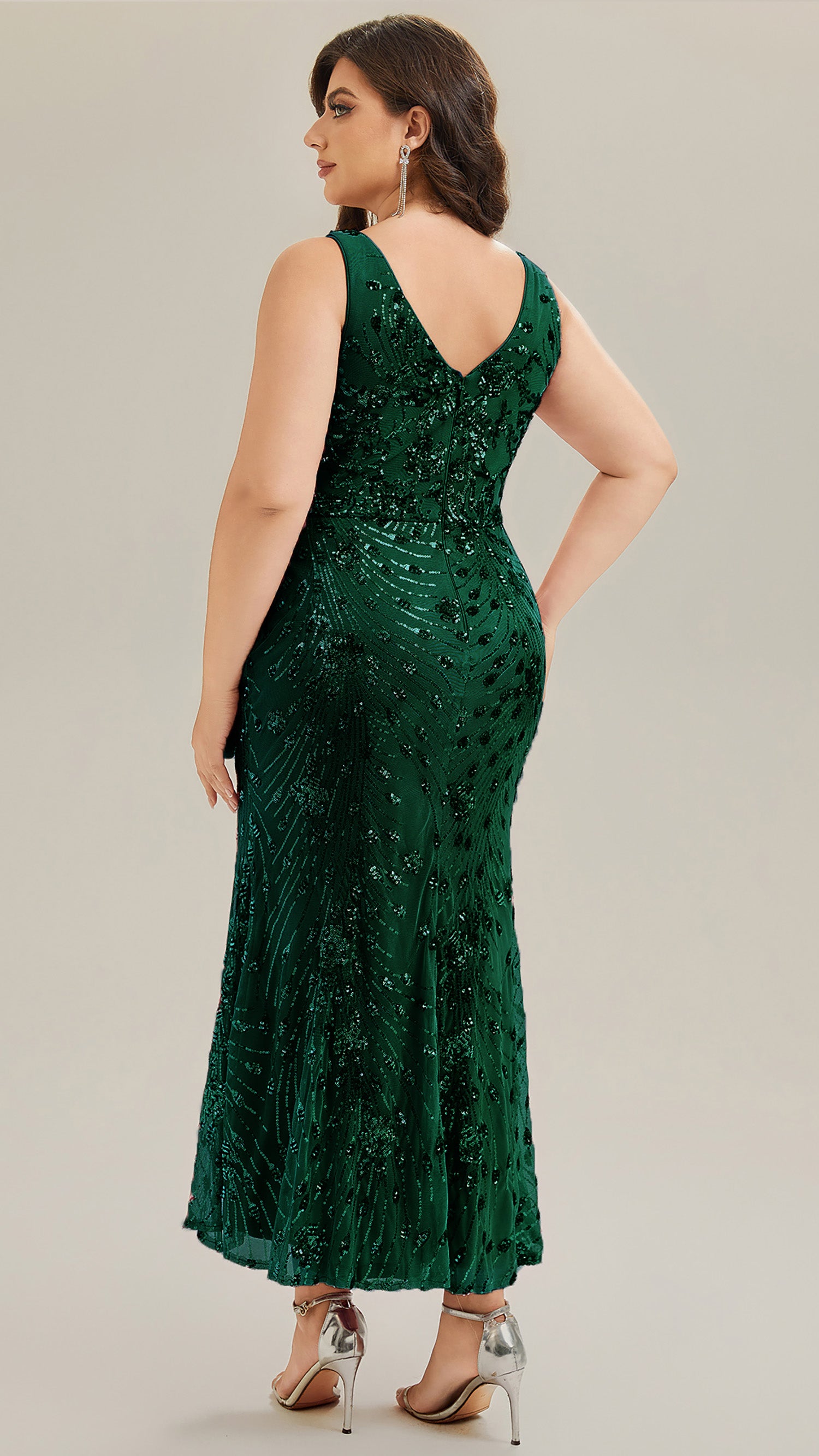 Robe maxi sirène sans bretelles en stretch haut avec décolleté en V noué #Couleur_Vert Fonce