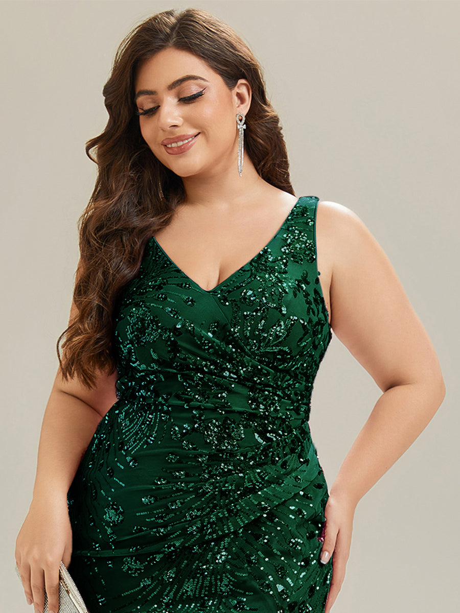 Robe maxi sirène sans bretelles en stretch haut avec décolleté en V noué #Couleur_Vert Fonce